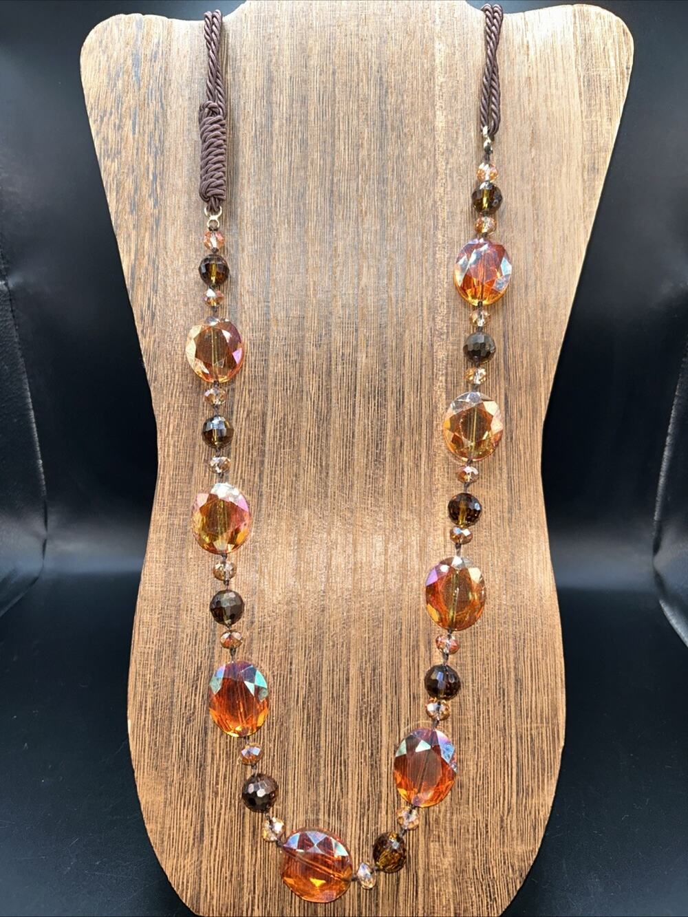 Glass Bead Necklace Peach Brown Faceted Crystal Beads On Brown Cord Long 36"